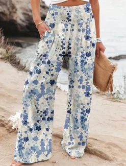 Online Women's Wide Leg Cotton Linen Pants Slacks Streetwear Casual Full Length Natural Floral Pocket Printing Comfy Outdoor Outdoor Vacation Street Black Grey Orange red Forest Green Depression Green Summer Women Pants