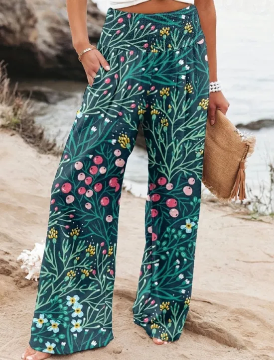 Online Women's Wide Leg Cotton Linen Pants Slacks Streetwear Casual Full Length Natural Floral Pocket Printing Comfy Outdoor Outdoor Vacation Street Black Grey Orange red Forest Green Depression Green Summer Women Pants