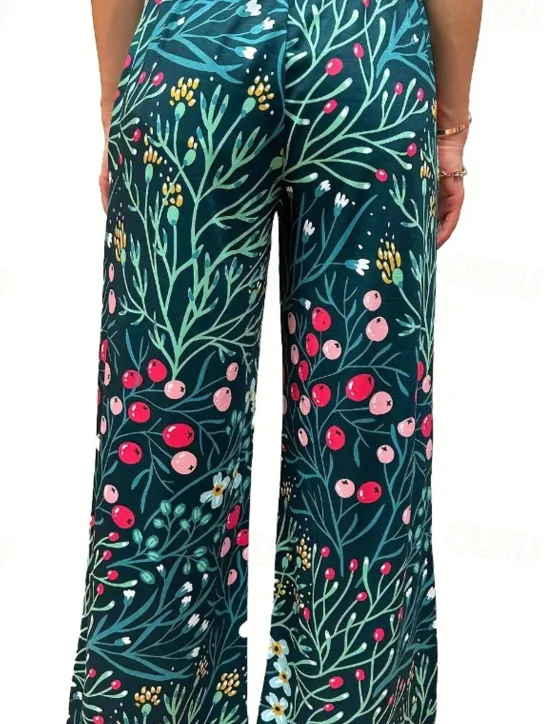 Online Women's Wide Leg Cotton Linen Pants Slacks Streetwear Casual Full Length Natural Floral Pocket Printing Comfy Outdoor Outdoor Vacation Street Black Grey Orange red Forest Green Depression Green Summer Women Pants