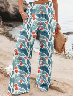 Online Women's Wide Leg Cotton Linen Pants Slacks Streetwear Casual Full Length Natural Floral Pocket Printing Comfy Outdoor Outdoor Vacation Street Black Grey Orange red Forest Green Depression Green Summer Women Pants
