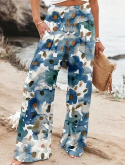 Online Women's Wide Leg Cotton Linen Pants Slacks Streetwear Casual Full Length Natural Floral Pocket Printing Comfy Outdoor Outdoor Vacation Street Black Grey Orange red Forest Green Depression Green Summer Women Pants