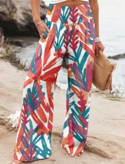 Online Women's Wide Leg Cotton Linen Pants Slacks Streetwear Casual Full Length Natural Floral Pocket Printing Comfy Outdoor Outdoor Vacation Street Black Grey Orange red Forest Green Depression Green Summer Women Pants