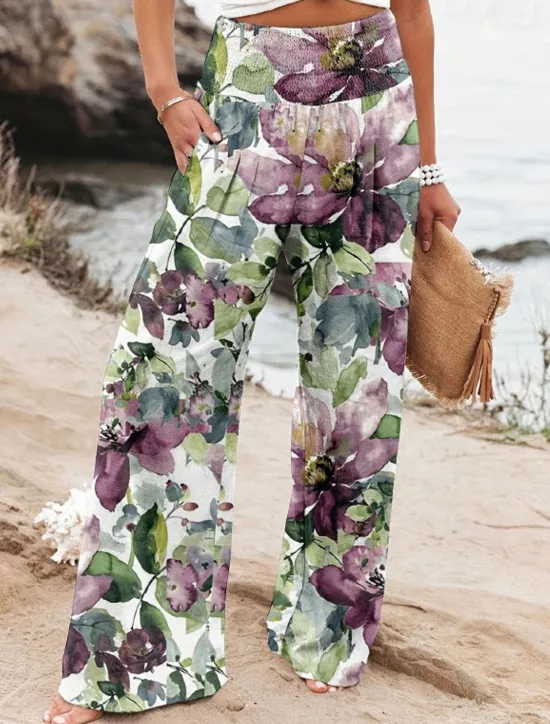 Online Women's Wide Leg Cotton Linen Pants Slacks Streetwear Casual Full Length Natural Floral Pocket Printing Comfy Outdoor Outdoor Vacation Street Black Grey Orange red Forest Green Depression Green Summer Women Pants