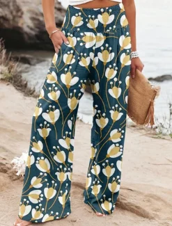 Online Women's Wide Leg Cotton Linen Pants Slacks Streetwear Casual Full Length Natural Floral Pocket Printing Comfy Outdoor Outdoor Vacation Street Black Grey Orange red Forest Green Depression Green Summer Women Pants