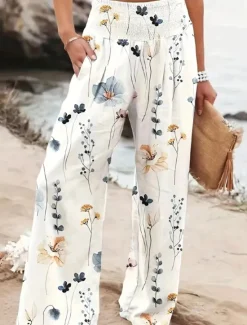 Online Women's Wide Leg Cotton Linen Pants Slacks Streetwear Casual Full Length Natural Floral Pocket Printing Comfy Outdoor Outdoor Vacation Street Black Grey Orange red Forest Green Depression Green Summer Women Pants