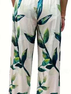Online Women's Wide Leg Cotton Linen Pants Slacks Streetwear Casual Full Length Natural Floral Pocket Printing Comfy Outdoor Outdoor Vacation Street Black Grey Orange red Forest Green Depression Green Summer Women Pants