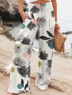 Online Women's Wide Leg Cotton Linen Pants Slacks Streetwear Casual Full Length Natural Floral Pocket Printing Comfy Outdoor Outdoor Vacation Street Black Grey Orange red Forest Green Depression Green Summer Women Pants