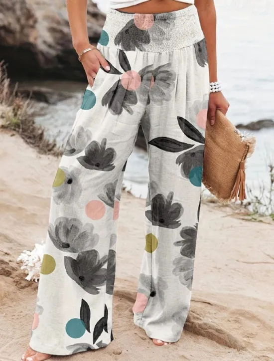 Online Women's Wide Leg Cotton Linen Pants Slacks Streetwear Casual Full Length Natural Floral Pocket Printing Comfy Outdoor Outdoor Vacation Street Black Grey Orange red Forest Green Depression Green Summer Women Pants