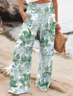 Online Women's Wide Leg Cotton Linen Pants Slacks Streetwear Casual Full Length Natural Floral Pocket Printing Comfy Outdoor Outdoor Vacation Street Black Grey Orange red Forest Green Depression Green Summer Women Pants