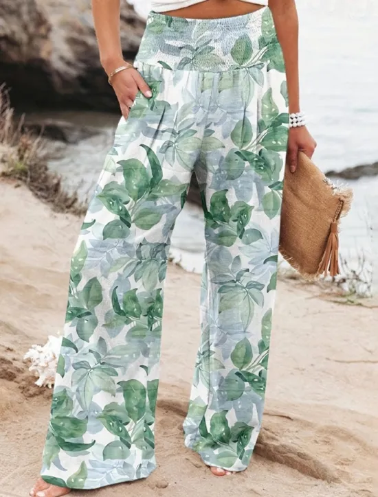Online Women's Wide Leg Cotton Linen Pants Slacks Streetwear Casual Full Length Natural Floral Pocket Printing Comfy Outdoor Outdoor Vacation Street Black Grey Orange red Forest Green Depression Green Summer Women Pants