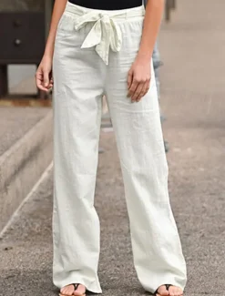 Women's Wide Leg Cotton Linen Pants Pants Trousers Streetwear Casual Long High Waist Plain Pocket High Cut Breathability Soft Micro-elastic Vacation Street Daily Wear Black White Light Green Blue Women Pants|Pants