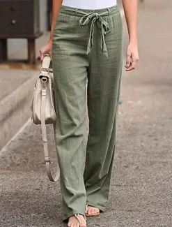 Women's Wide Leg Cotton Linen Pants Pants Trousers Streetwear Casual Long High Waist Plain Pocket High Cut Breathability Soft Micro-elastic Vacation Street Daily Wear Black White Light Green Blue Women Pants|Pants