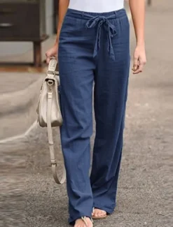 Women's Wide Leg Cotton Linen Pants Pants Trousers Streetwear Casual Long High Waist Plain Pocket High Cut Breathability Soft Micro-elastic Vacation Street Daily Wear Black White Light Green Blue Women Pants|Pants