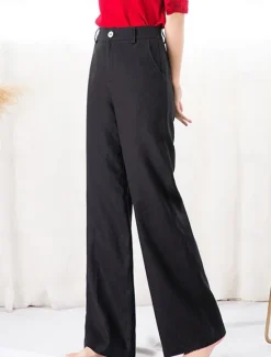 Online Women's Wide Leg Cotton Linen Pants Pants Trousers Fashion Full Length Plain Side Pockets Wide Leg Breathability Comfortable Inelastic Casual Daily Black White Khaki Spring & Fall Women Pants|Pants