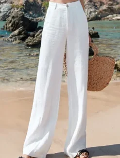 Online Women's Wide Leg Cotton Linen Pants Pants Trousers Fashion Full Length Plain Side Pockets Wide Leg Breathability Comfortable Inelastic Casual Daily Black White Khaki Spring & Fall Women Pants|Pants