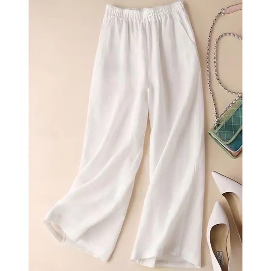 Outlet Women's Wide Leg Cotton Linen Pants Chinos Fashion Streetwear Simple Ankle-Length High Waist Plain Maillard Pocket Elastic Waist Baggy Comfort Breathability Soft Micro-elastic Vacation Daily Daily Women Pants