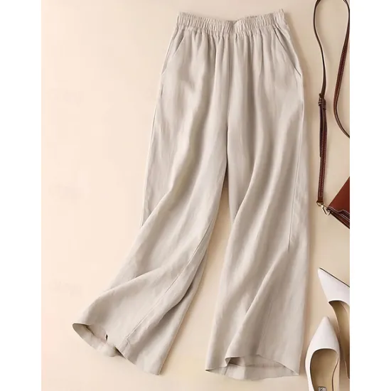 Outlet Women's Wide Leg Cotton Linen Pants Chinos Fashion Streetwear Simple Ankle-Length High Waist Plain Maillard Pocket Elastic Waist Baggy Comfort Breathability Soft Micro-elastic Vacation Daily Daily Women Pants