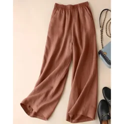 Outlet Women's Wide Leg Cotton Linen Pants Chinos Fashion Streetwear Simple Ankle-Length High Waist Plain Maillard Pocket Elastic Waist Baggy Comfort Breathability Soft Micro-elastic Vacation Daily Daily Women Pants