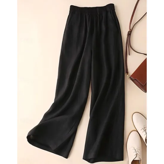Outlet Women's Wide Leg Cotton Linen Pants Chinos Fashion Streetwear Simple Ankle-Length High Waist Plain Maillard Pocket Elastic Waist Baggy Comfort Breathability Soft Micro-elastic Vacation Daily Daily Women Pants