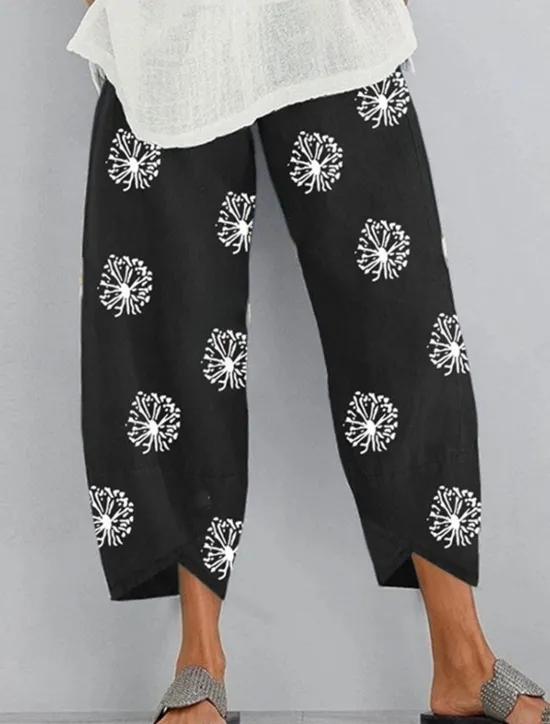 Hot Women's Wide Leg Cotton Linen Pants Pants Trousers Fashion Comfort Ankle-Length High Waist Dandelion Pocket Elastic Waist Print Comfort Breathability Soft Micro-elastic Casual Daily Wear Black Dark Women Pants