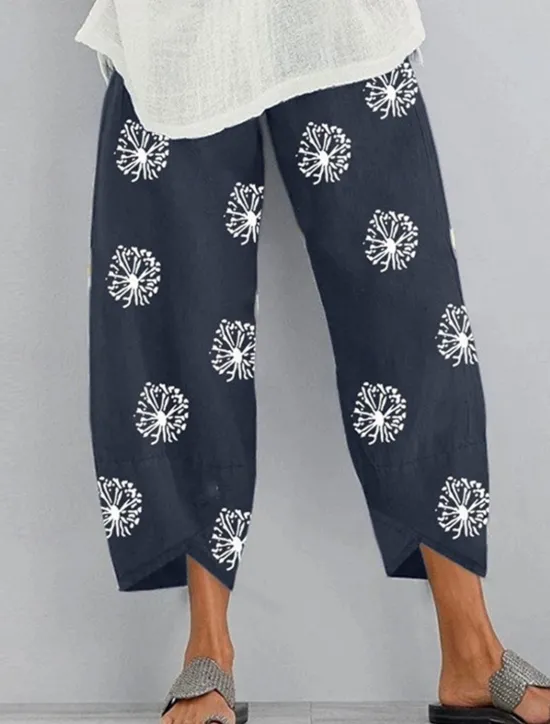 Hot Women's Wide Leg Cotton Linen Pants Pants Trousers Fashion Comfort Ankle-Length High Waist Dandelion Pocket Elastic Waist Print Comfort Breathability Soft Micro-elastic Casual Daily Wear Black Dark Women Pants