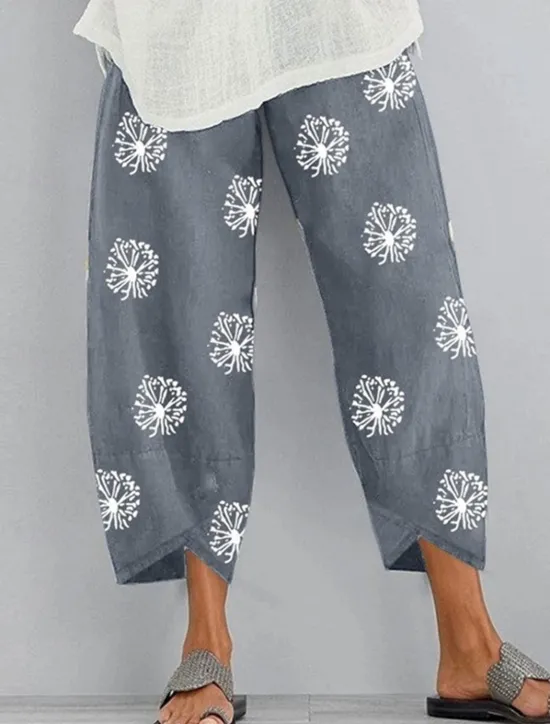 Hot Women's Wide Leg Cotton Linen Pants Pants Trousers Fashion Comfort Ankle-Length High Waist Dandelion Pocket Elastic Waist Print Comfort Breathability Soft Micro-elastic Casual Daily Wear Black Dark Women Pants