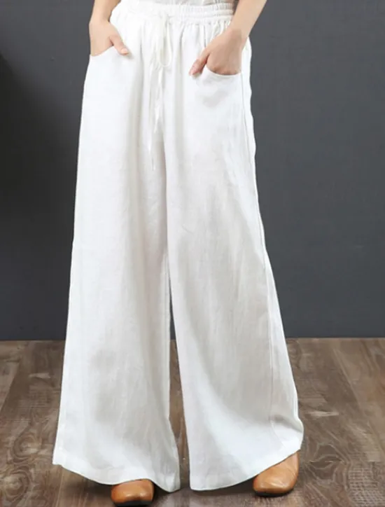 Outlet Women's Wide Leg Cotton Linen Pants Slacks Fashion Streetwear Full Length Natural Plain Pocket Elastic Drawstring Design Comfy Outdoor Street Holiday Weekend Apricot Grey Black White Summer Regular Women Pants