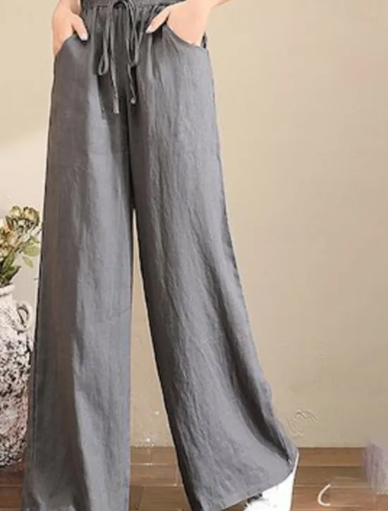 Outlet Women's Wide Leg Cotton Linen Pants Slacks Fashion Streetwear Full Length Natural Plain Pocket Elastic Drawstring Design Comfy Outdoor Street Holiday Weekend Apricot Grey Black White Summer Regular Women Pants