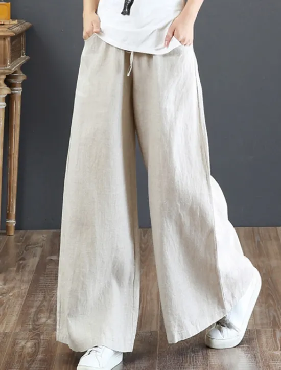 Outlet Women's Wide Leg Cotton Linen Pants Slacks Fashion Streetwear Full Length Natural Plain Pocket Elastic Drawstring Design Comfy Outdoor Street Holiday Weekend Apricot Grey Black White Summer Regular Women Pants