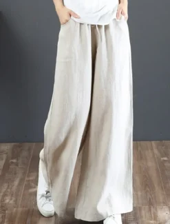 Outlet Women's Wide Leg Cotton Linen Pants Slacks Fashion Streetwear Full Length Natural Plain Pocket Elastic Drawstring Design Comfy Outdoor Street Holiday Weekend Apricot Grey Black White Summer Regular Women Pants