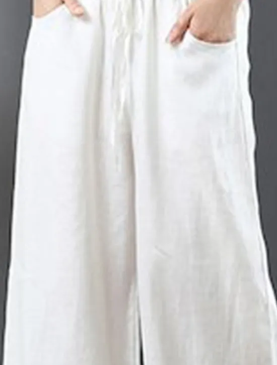 Outlet Women's Wide Leg Cotton Linen Pants Slacks Fashion Streetwear Full Length Natural Plain Pocket Elastic Drawstring Design Comfy Outdoor Street Holiday Weekend Apricot Grey Black White Summer Regular Women Pants