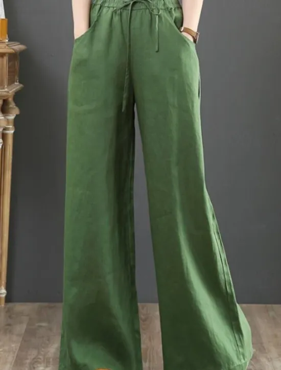 Outlet Women's Wide Leg Cotton Linen Pants Slacks Fashion Streetwear Full Length Natural Plain Pocket Elastic Drawstring Design Comfy Outdoor Street Holiday Weekend Apricot Grey Black White Summer Regular Women Pants