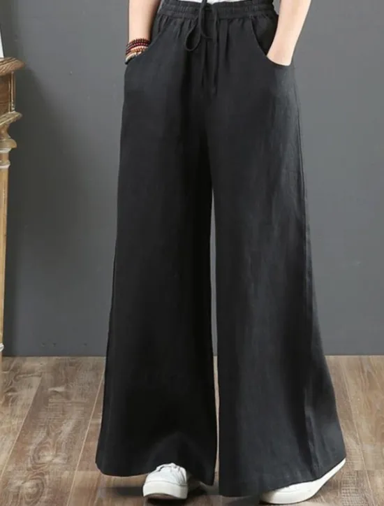 Outlet Women's Wide Leg Cotton Linen Pants Slacks Fashion Streetwear Full Length Natural Plain Pocket Elastic Drawstring Design Comfy Outdoor Street Holiday Weekend Apricot Grey Black White Summer Regular Women Pants