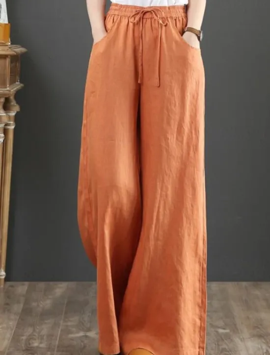 Outlet Women's Wide Leg Cotton Linen Pants Slacks Fashion Streetwear Full Length Natural Plain Pocket Elastic Drawstring Design Comfy Outdoor Street Holiday Weekend Apricot Grey Black White Summer Regular Women Pants