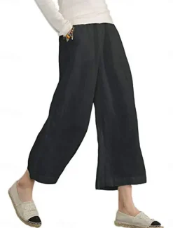 Online Women's Wide Leg Cotton Linen Pants Fashion Streetwear Ankle-Length Mid Waist Plain Pocket Elastic Waist Comfort Breathability Soft Micro-elastic Street Casual Daily Wear Dark Grey Black Army Green Women Pants