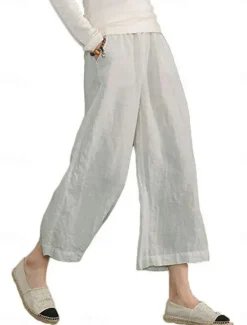 Online Women's Wide Leg Cotton Linen Pants Fashion Streetwear Ankle-Length Mid Waist Plain Pocket Elastic Waist Comfort Breathability Soft Micro-elastic Street Casual Daily Wear Dark Grey Black Army Green Women Pants