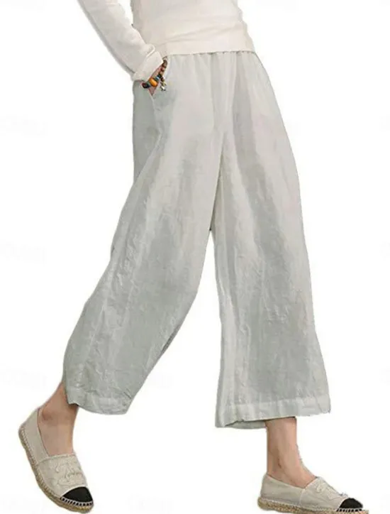 Online Women's Wide Leg Cotton Linen Pants Fashion Streetwear Ankle-Length Mid Waist Plain Pocket Elastic Waist Comfort Breathability Soft Micro-elastic Street Casual Daily Wear Dark Grey Black Army Green Women Pants