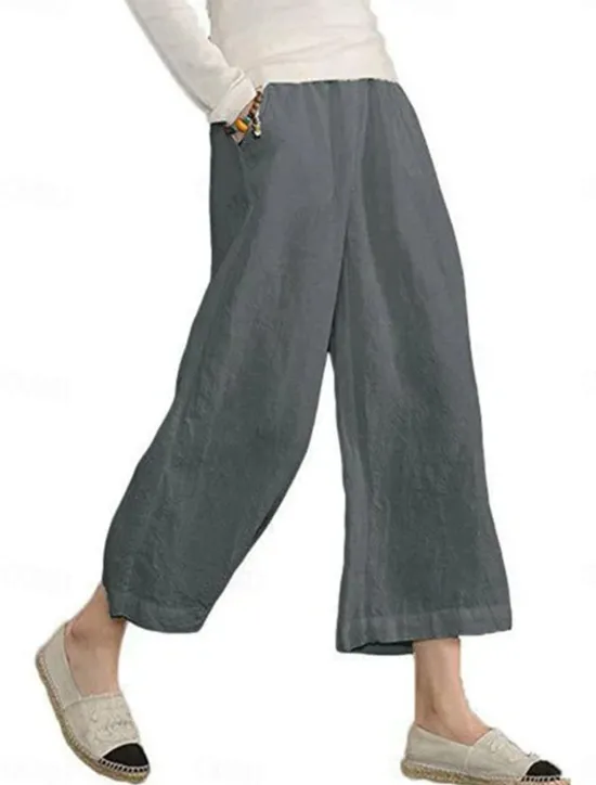 Online Women's Wide Leg Cotton Linen Pants Fashion Streetwear Ankle-Length Mid Waist Plain Pocket Elastic Waist Comfort Breathability Soft Micro-elastic Street Casual Daily Wear Dark Grey Black Army Green Women Pants