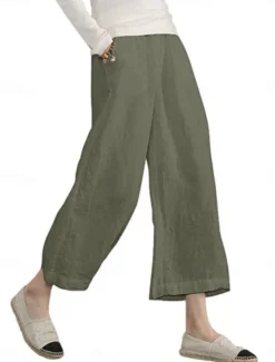 Online Women's Wide Leg Cotton Linen Pants Fashion Streetwear Ankle-Length Mid Waist Plain Pocket Elastic Waist Comfort Breathability Soft Micro-elastic Street Casual Daily Wear Dark Grey Black Army Green Women Pants
