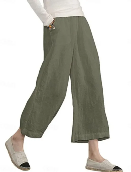 Online Women's Wide Leg Cotton Linen Pants Fashion Streetwear Ankle-Length Mid Waist Plain Pocket Elastic Waist Comfort Breathability Soft Micro-elastic Street Casual Daily Wear Dark Grey Black Army Green Women Pants
