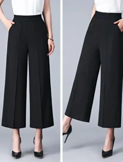 Online Women's Wide Leg Dress Work Pants Trousers Baggy Full Length Pocket Micro-elastic High Rise Streetwear Casual Street Black White XL 2XL Summer Spring Women Pants