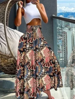 Best Women's Wide Leg Pants A Line Print Floral Boho Black Summer Women Pants