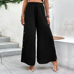 Clearance Women's Wide Leg Pants Trousers Casual Daily Full Length High Waist Plain Split Side Button Breathability Comfortable Micro-elastic Going out Spring & Summer Loose Fit Women Pants