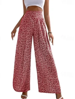 Sale Women's Wide Leg Pants Trousers Casual Daily Long Floral Printing Breathability Comfortable Micro-elastic Weekend Black Red Blue Green Spring & Summer Regular Fit Women Pants