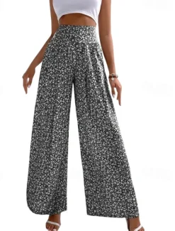 Sale Women's Wide Leg Pants Trousers Casual Daily Long Floral Printing Breathability Comfortable Micro-elastic Weekend Black Red Blue Green Spring & Summer Regular Fit Women Pants