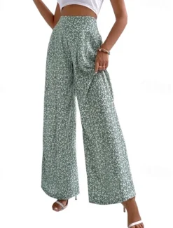 Sale Women's Wide Leg Pants Trousers Casual Daily Long Floral Printing Breathability Comfortable Micro-elastic Weekend Black Red Blue Green Spring & Summer Regular Fit Women Pants