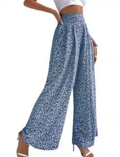Sale Women's Wide Leg Pants Trousers Casual Daily Long Floral Printing Breathability Comfortable Micro-elastic Weekend Black Red Blue Green Spring & Summer Regular Fit Women Pants
