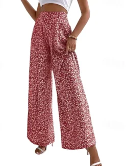 Sale Women's Wide Leg Pants Trousers Casual Daily Long Floral Printing Breathability Comfortable Micro-elastic Weekend Black Red Blue Green Spring & Summer Regular Fit Women Pants