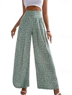 Sale Women's Wide Leg Pants Trousers Casual Daily Long Floral Printing Breathability Comfortable Micro-elastic Weekend Black Red Blue Green Spring & Summer Regular Fit Women Pants