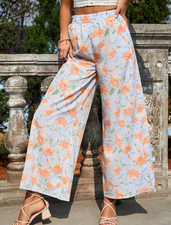 New Women's Wide Leg Pants Trousers Streetwear Casual Long High Waist Floral Pocket Printing Elastic Drawstring Design Breathability Soft Micro-elastic Vacation Street Daily Wear Blue Women Pants
